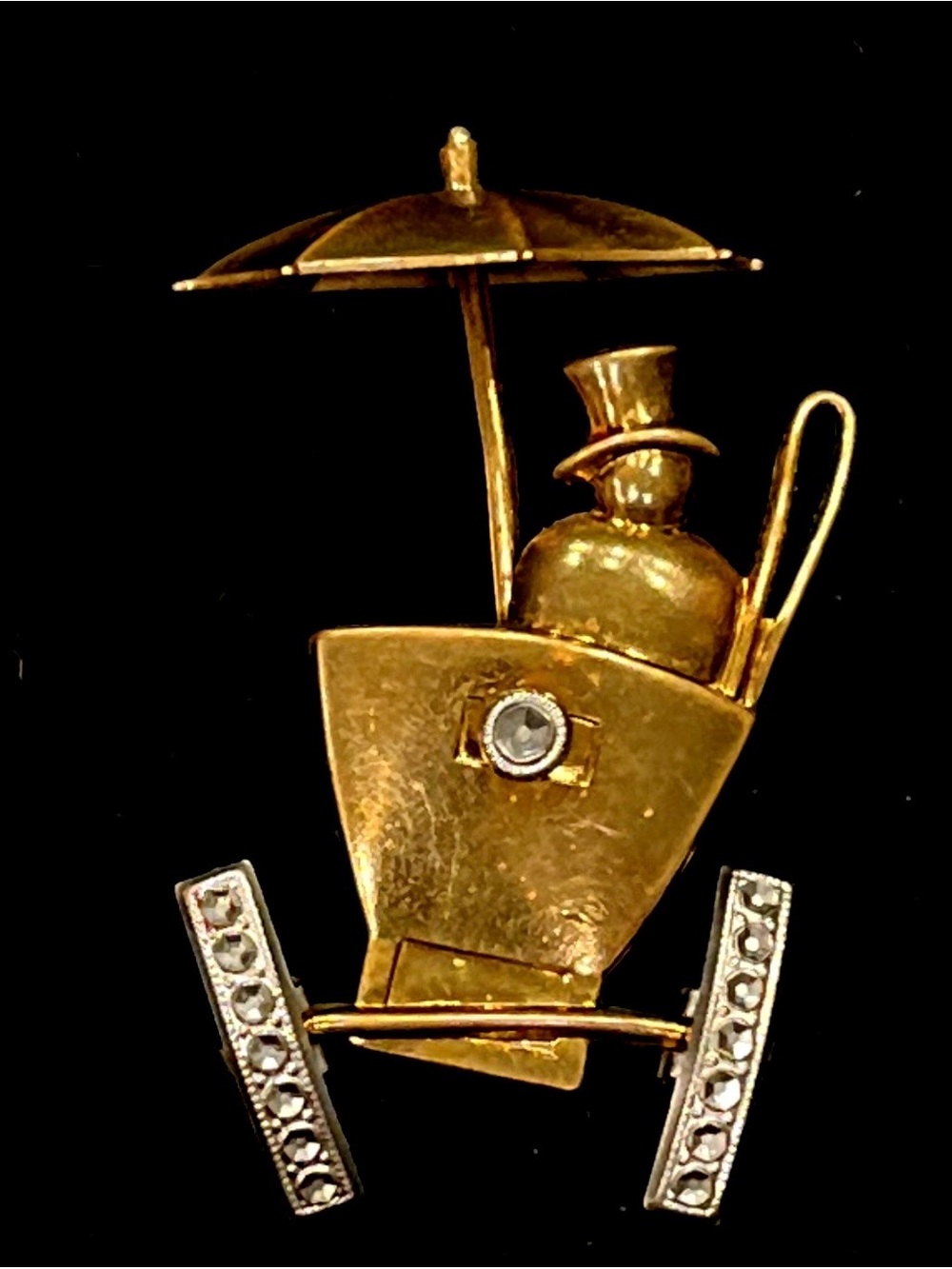 Gold Tone Man With Buggy and Umbrella Brooch with Clear Crystal Accents
